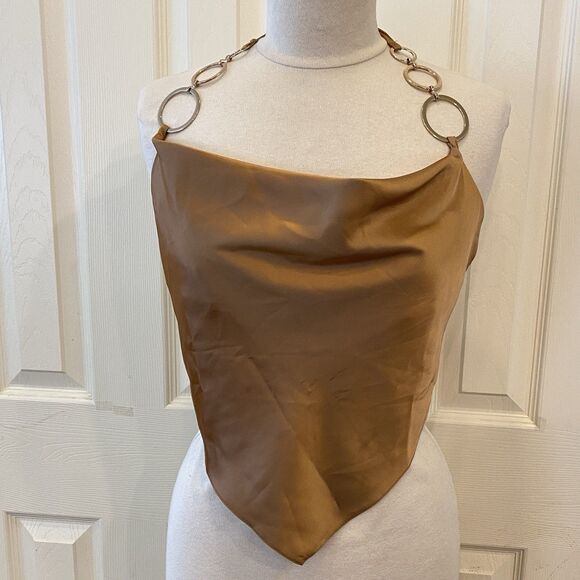 Vtg ASOS Gold Bronze Colorblock Top Silky Satin Halter Backless Wrap Crop Sz 12 - Picture 2 of 7